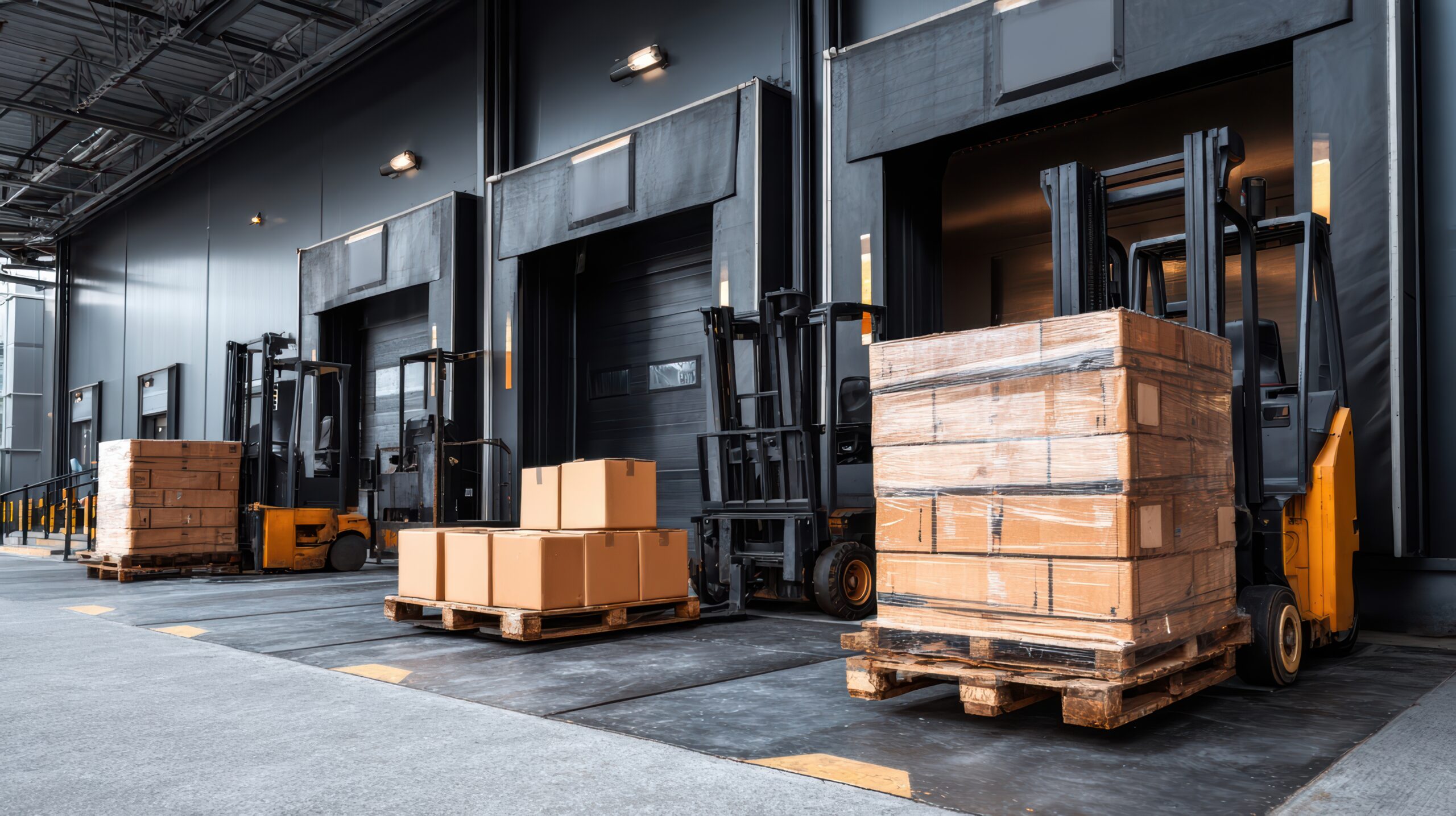forklifts pallets warehouse loading dock