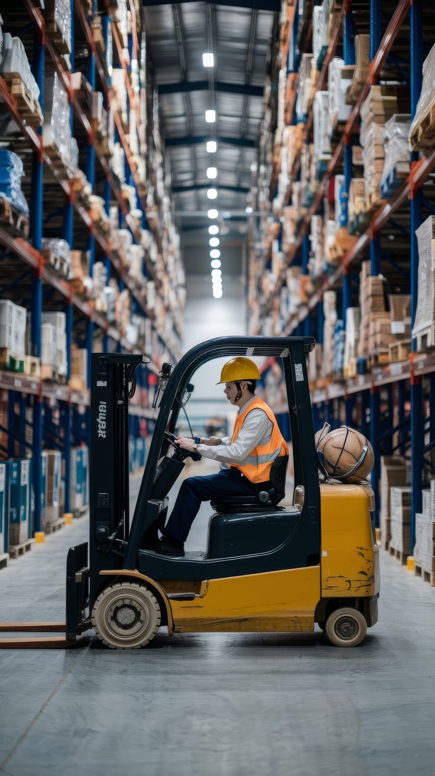warehouse worker drives forklift warehouse